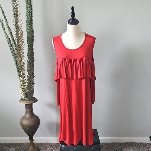 Watermelon Rust Color Cold Shoulder Dress with Ruffle - Picture 1 of 12